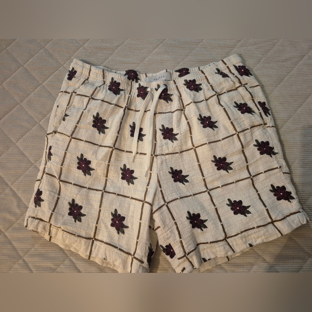 PacSun Men's Beige Floral Checkered Lined Swim Trunks